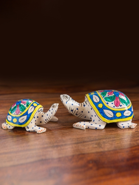 

ExclusiveLane White & Blue Set of 2 Wooden Hand Carved & Hand Painted Turtles Showpieces