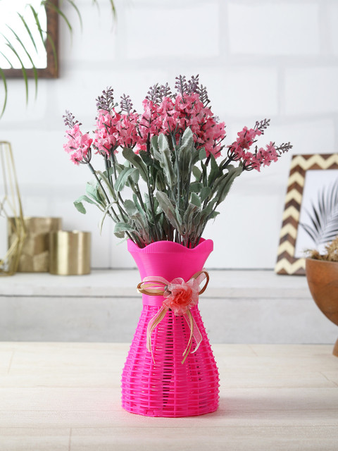 

FOLIYAJ Set of 2 Green & Pink Artifical Flower Bunches With 1 Vase