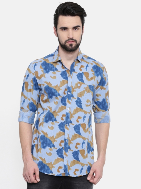 CINOCCI Men Blue & Beige Slim Fit Printed Casual Shirt