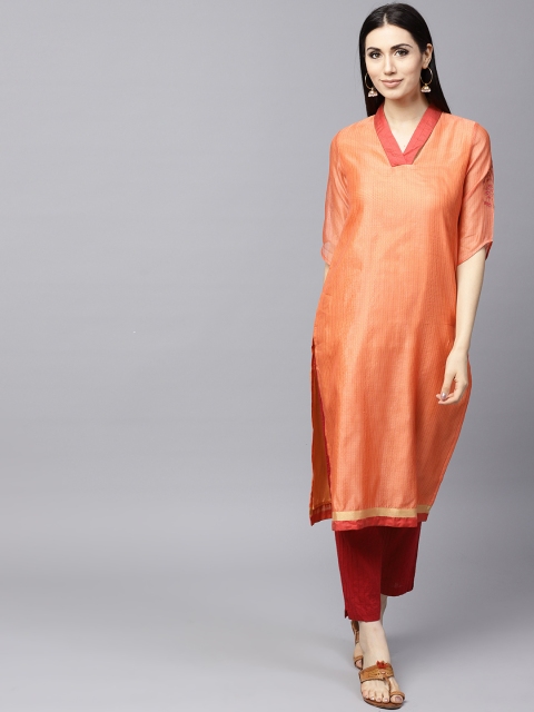 

AKS Women Orange Striped Straight Kurta