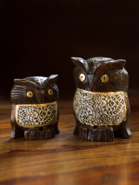 

ExclusiveLane Set of 2 Brown Wooden Handcarved Owl Showpieces