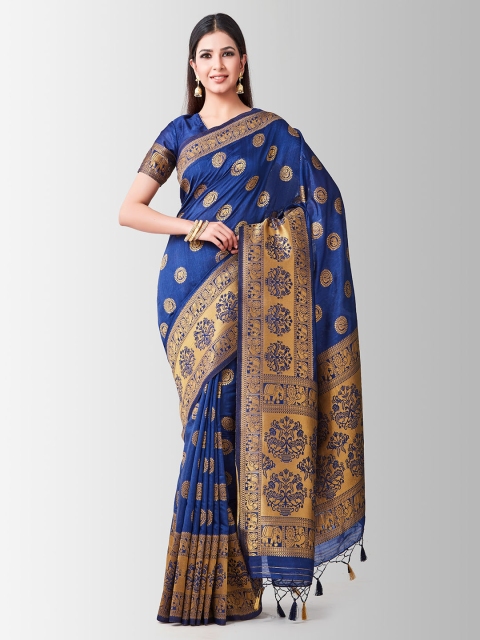

MIMOSA Navy Blue & Gold-Toned Art Silk Woven Design Kanjeevaram Saree