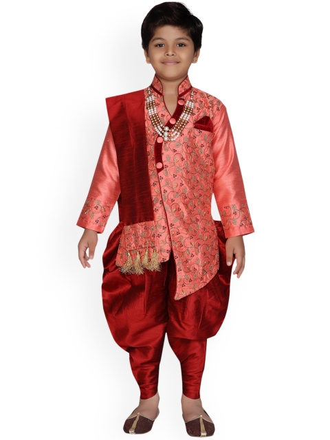 

Aj DEZInES Boys Peach-Coloured & Maroon Printed Sherwani Set