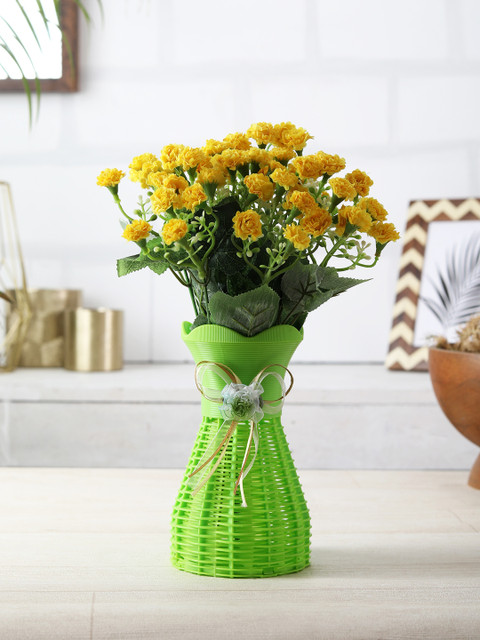 

FOLIYAJ Set of 2 Green & Yellow Artifical Flower Bunches With 1 Vase