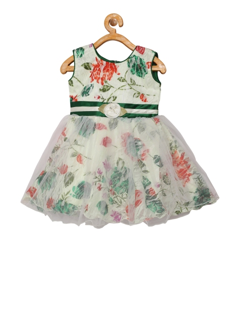 

La Bele Girls White & Green Printed Fit and Flare Dress
