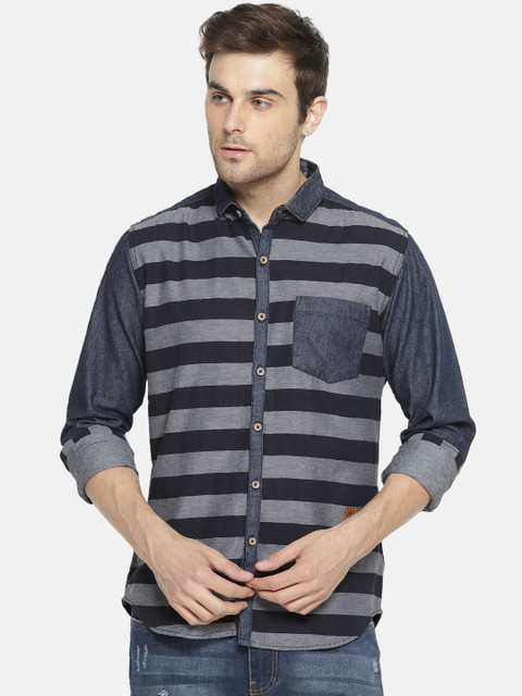 

Campus Sutra Men Navy Blue & Grey Regular Fit Striped Casual Shirt