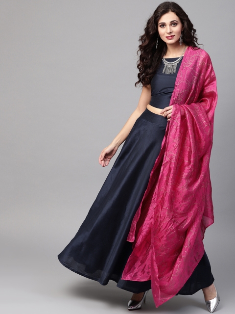 

AKS Navy Blue & Pink Solid Ready to Wear Lehenga & Blouse with Dupatta