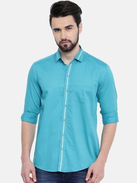 

CINOCCI Men Turquoise Blue Slim Fit Solid Casual Shirt