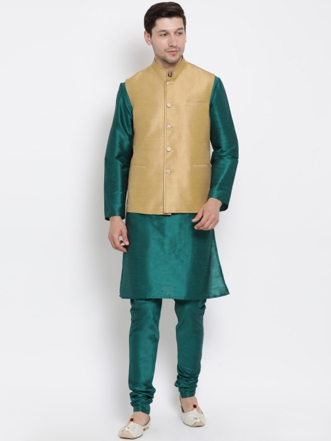 

VASTRAMAY Men Teal Green & Beige Solid Cotton Silk Kurta Pyjamas & Jacket