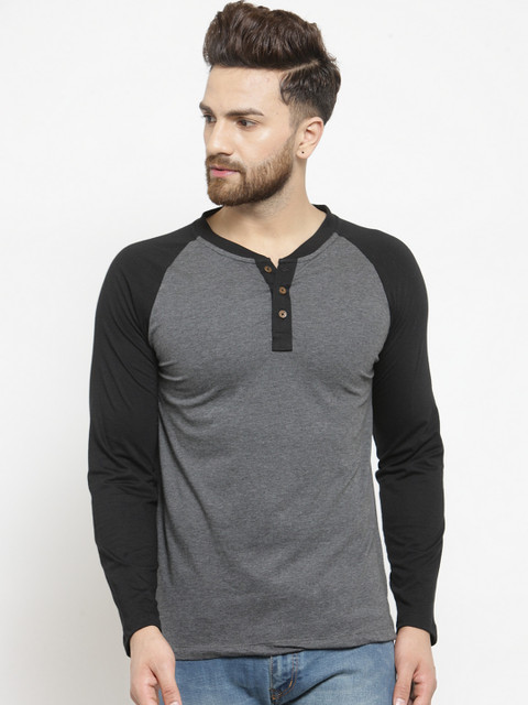 

Kalt Men Black & Grey Colourblocked Henley Collar T-shirt