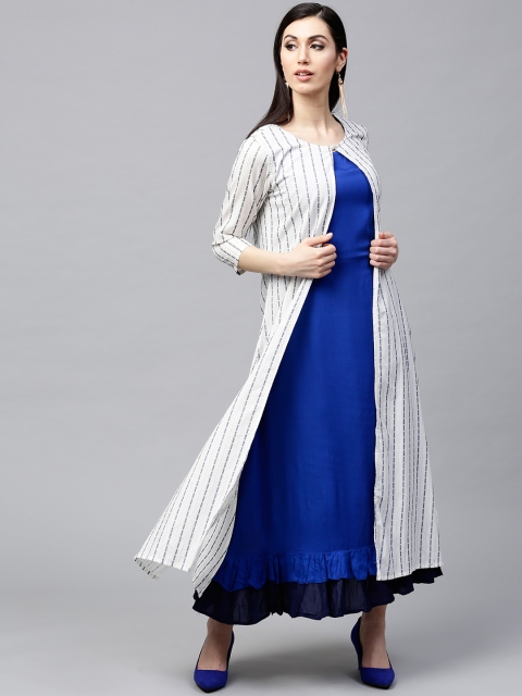 

AKS Women White Striped Longline Open Front Jacket
