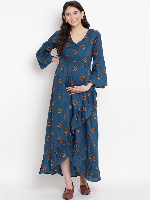 

Mine4Nine Women Teal Blue Printed Maternity Maxi Dress