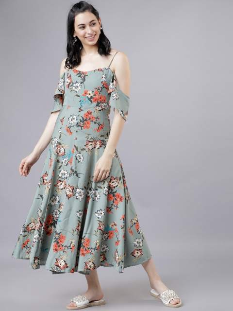 Tokyo Talkies Women Olive Green Printed Fit and Flare Dress, Teal