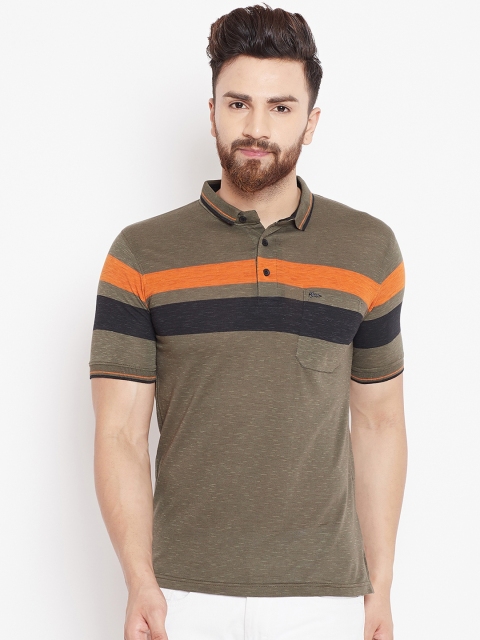 

Okane Men Olive Green Striped Polo Collar T-shirt