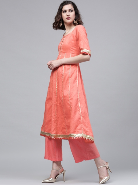 

AKS Women Coral Pink Self Designed Anarkali Kurta