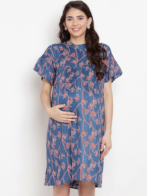 

Mine4Nine Women Teal Blue & Red Printed Maternity A-Line Dress