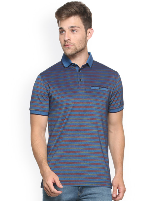 

Peter England Casuals Men Blue Striped Polo Collar T-shirt