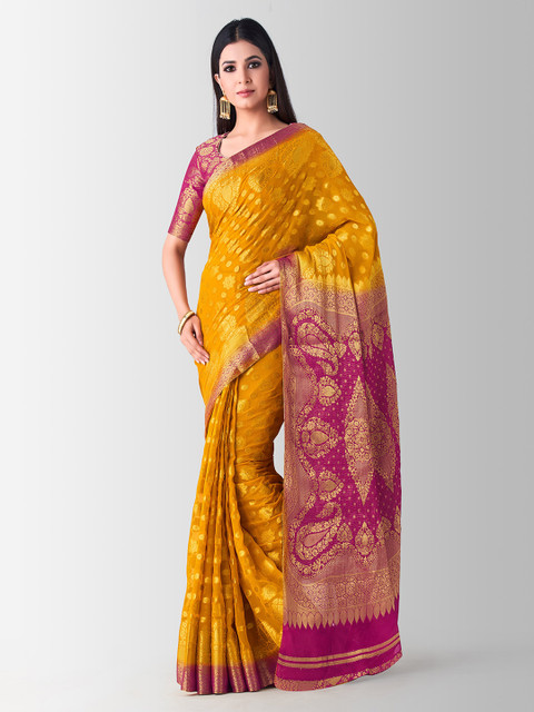 

MIMOSA Yellow & Fuchsia Poly Chiffon Woven Design Kanjeevaram Saree