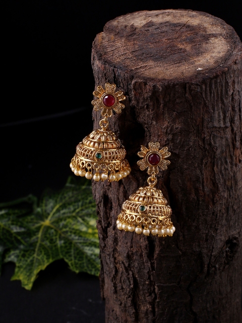 

Voylla Women Gold-Toned & Red Brass-Plated Handcrafted Dome Shaped Jhumkas
