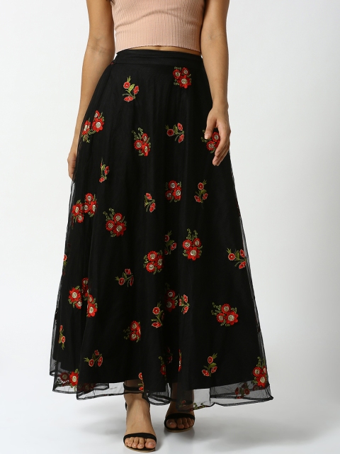 

De Moza Women Black & Red Embroidered A-Line Maxi Skirt
