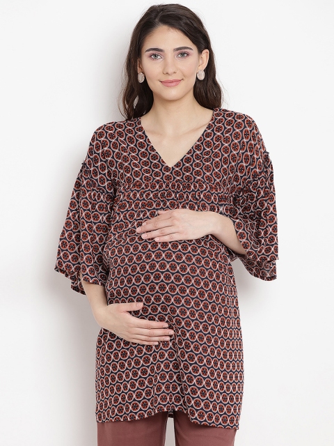 

Mine4Nine Women Brown Printed Maternity A-Line Top