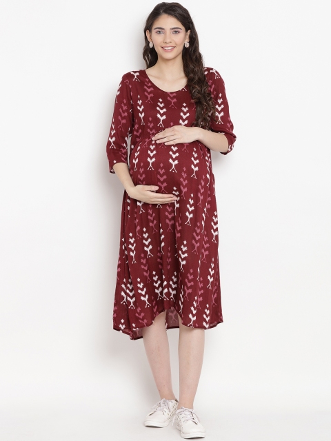 

Mine4Nine Women Maroon Printed Maternity Fit and Flare Dress