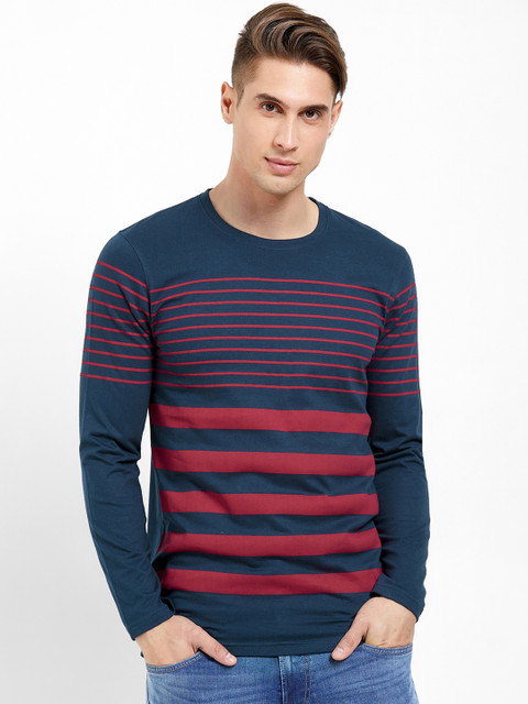

Maniac Men Teal Blue Striped Round Neck Pure Cotton T-shirt