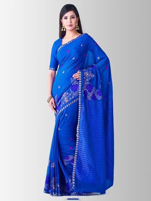 

MIMOSA Blue Poly Chiffon Solid Banarasi Saree
