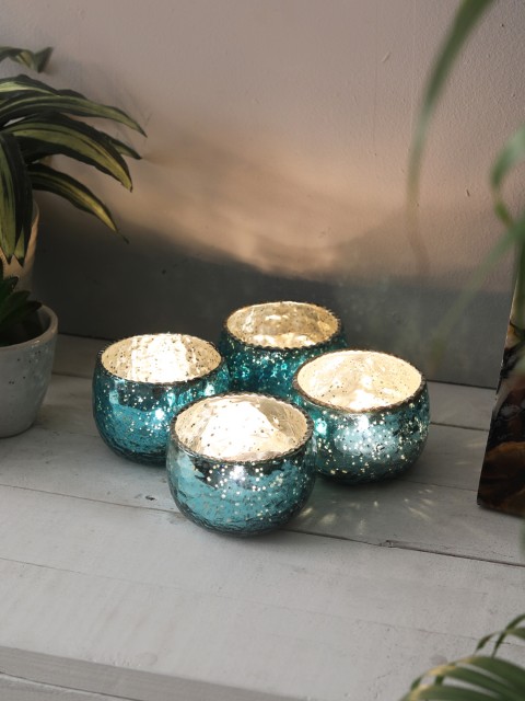 

HOME DECOR INDIA Set of 4 Votive With Tea Lights, Turquoise blue