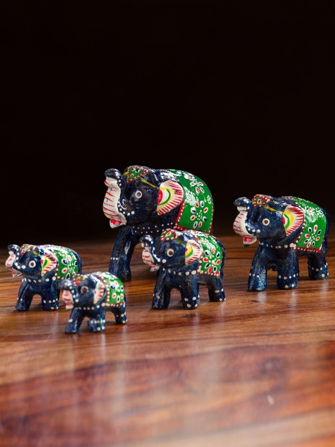

ExclusiveLane Set of 5 Blue & Green Handcarved Elephants Showpiece