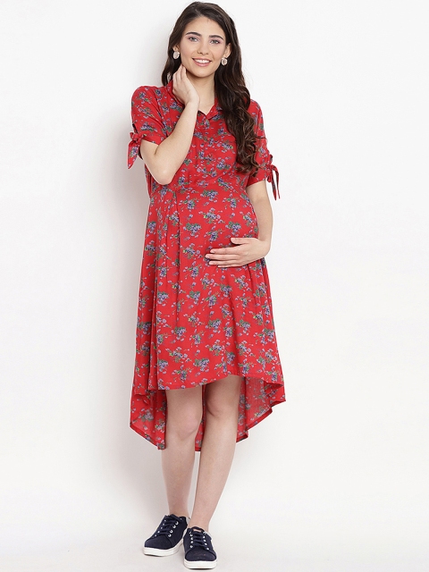 Mine4Nine Women Red Printed Maternity Fit and Flare Dress