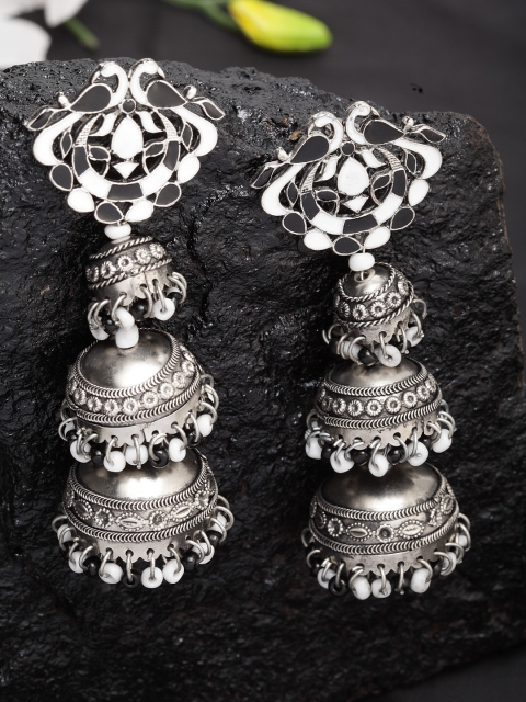 

Moedbuille Silver-Toned & Black Dome Shaped Jhumkas
