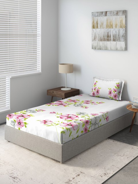 

DDecor White Floral 140 TC Cotton 1 Single Bedsheet with 1 Pillow Cover