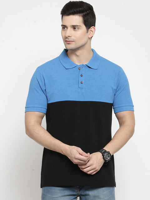 

Kalt Men Blue & Black Colourblocked Polo Collar T-shirt