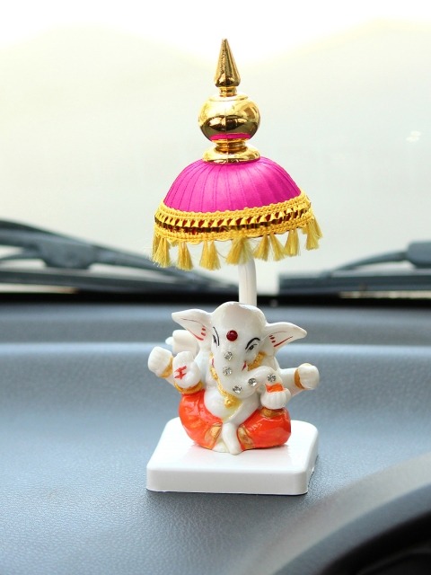 

eCraftIndia Orange & White Lord Ganesha With Chatri Showpiece