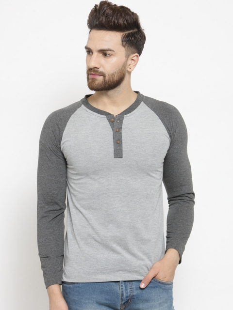 

Kalt Men Grey Solid Henley Collar T-shirt, Grey melange
