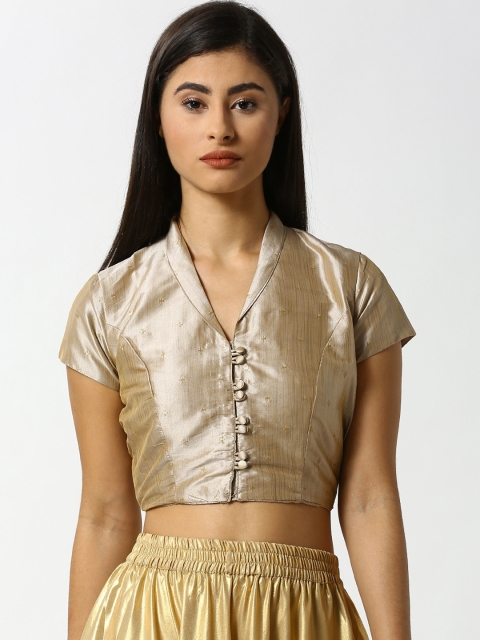 

De Moza Women Gold-Toned Self Design Fitted Crop Top