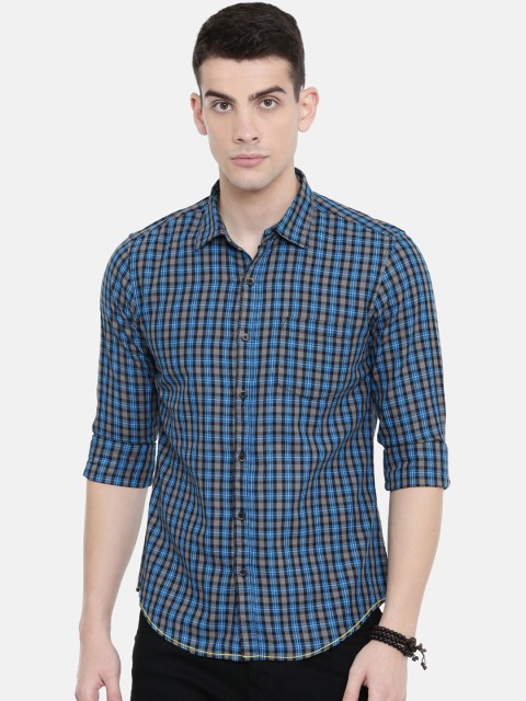 

IMYOUNG Men Blue & Grey Slim Fit Checked Casual Shirt