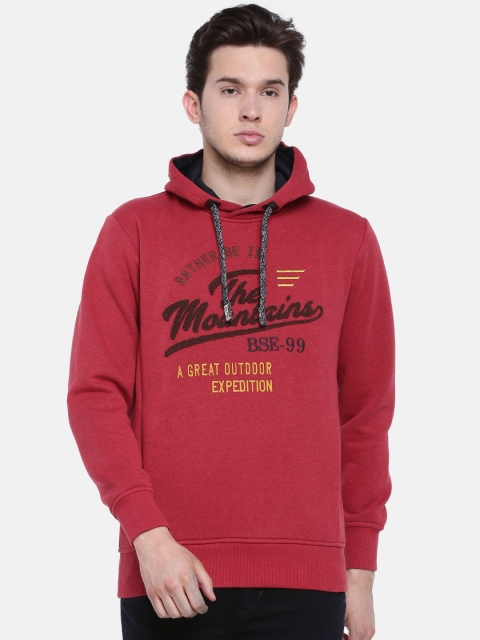 

t-base Men Red Printed Hooded Sweatshirt