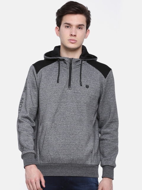 

t-base Men Grey Solid Hooded Sweatshirt