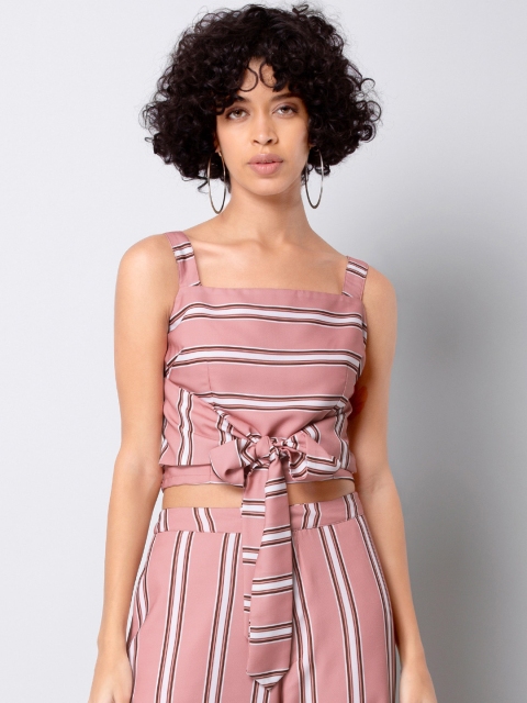 

FabAlley Women Pink Striped Cinched Crop Waist Top