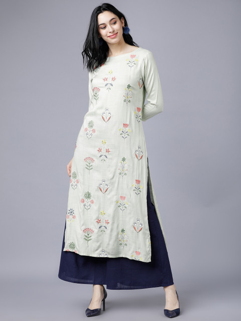 

Vishudh Women Green Printed Straight Kurta