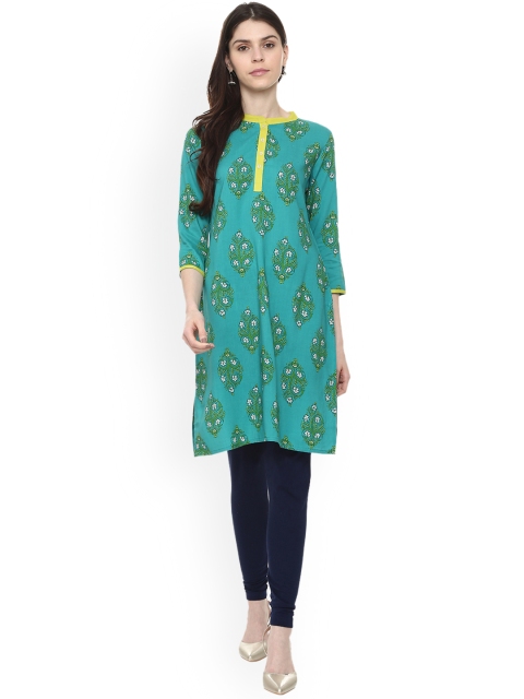 

People Women Green & Yellow Printed Straight Kurta