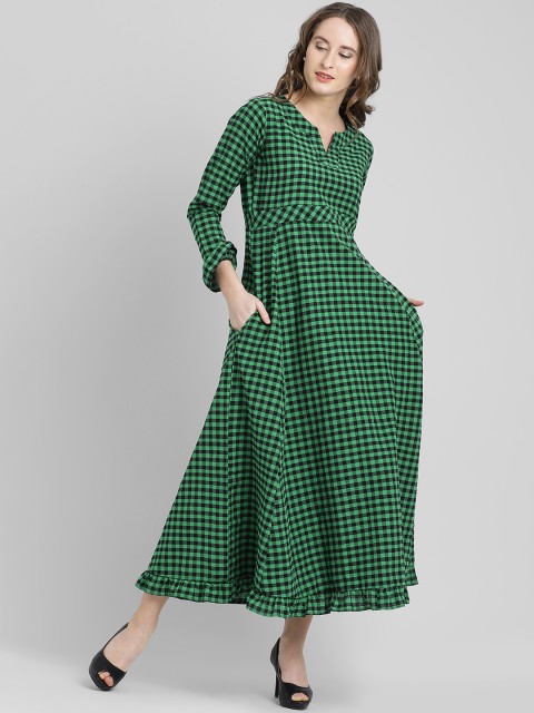 

FABNEST Women Green Checked Empire Dress