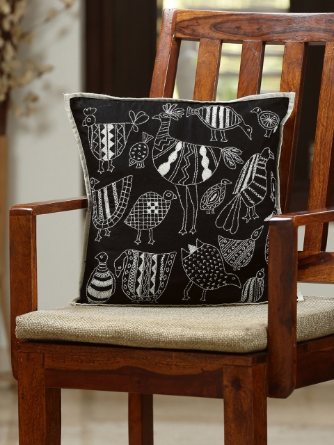 

ExclusiveLane Black Single Self Design Handstitched Square Cushion Cover