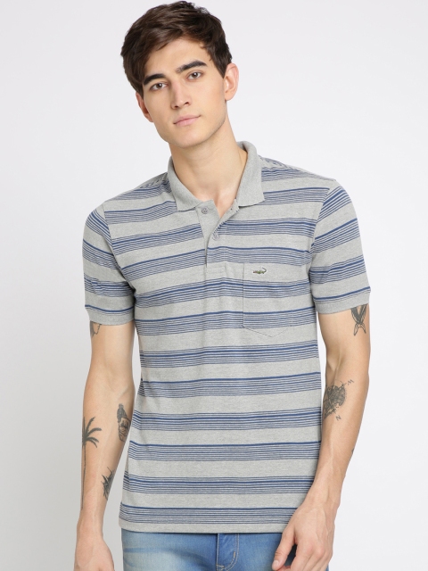 

Crocodile Men Grey & Navy Blue Striped Polo Collar T-shirt
