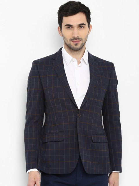 

Parx Men Navy Blue Checkered Single Breasted Blazer