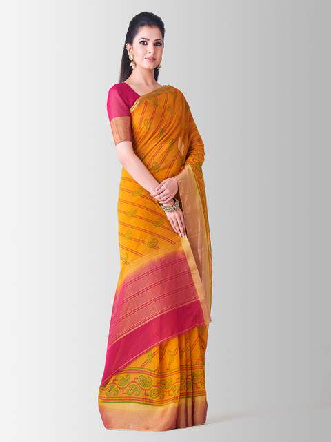 

MIMOSA Orange & Pink Poly Chiffon Printed Banarasi Saree
