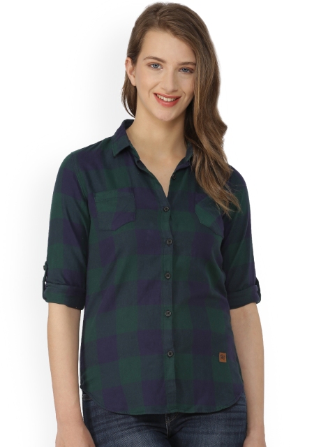 

Campus Sutra Women Green & Navy Blue Regular Fit Checked Casual Shirt