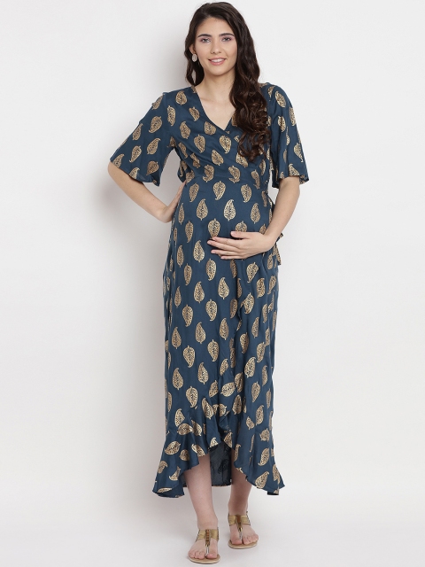 

Mine4Nine Women Teal Green Printed Maternity Wrap Dress
